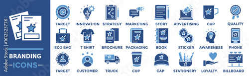 Branding icon collection set. Containing target, innovation, strategy, marketing, story, advertising, cup and more. Solid vector icons collection