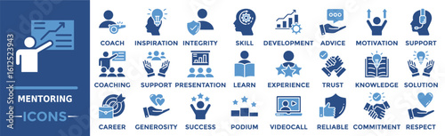 Mentoring icon collection set. Containing coach, inspiration, integrity, skill, development, advice, motivation and more. Solid vector icons collection