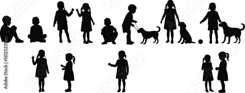 Cad drawing flat vector illustration, children and dogs silhouette in playful poses, sitting, walking, jumping, black and white artwork sketch