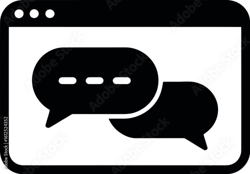 A black and white illustration of a browser window with two speech bubbles inside it on a gray background