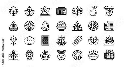 Line editable icon set of nature and plantthemed icons representing growth and ecology line icon set