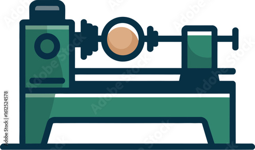Illustration of a green wood lathe machine with a wooden sphere on a light gray background