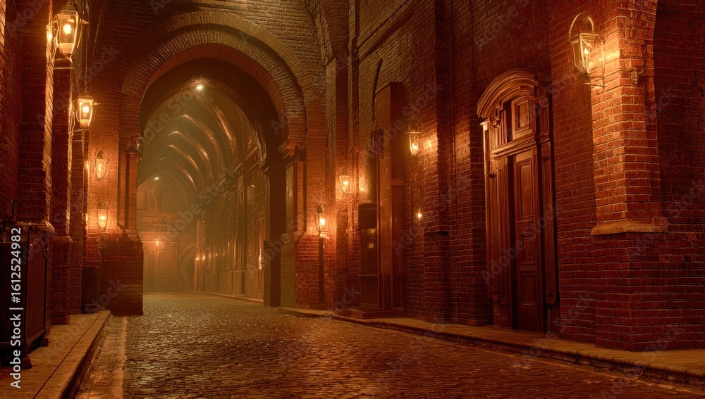 Obraz premium A dimly lit, arched brick walkway lined with old-fashioned lamps, leading into a hazy distance. A closed wooden door is partially visible on the right