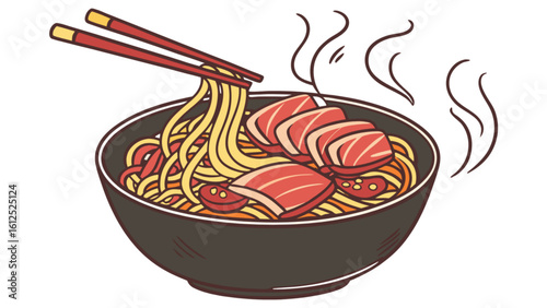 Delicious ramen noodle bowl with chopsticks and fresh tuna slices vector illustration for asian food lovers