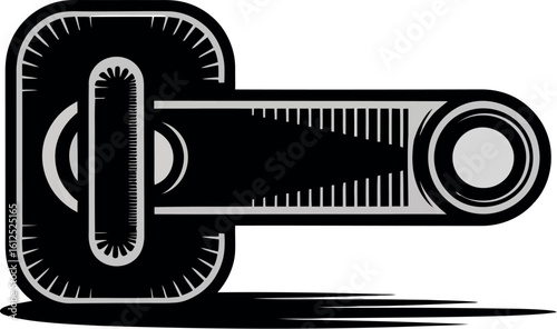 A stylized illustration of a black mechanical device with a rectangular and circular shape design element