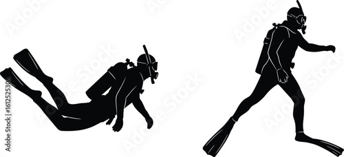 Cad drawing flat vector illustration, scuba divers underwater, aquatic exploration gear, black silhouette, marine adventure sports, diving equipment design