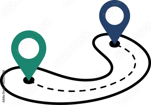 Illustration of a winding route with dashed lines between a green and blue location marker icon