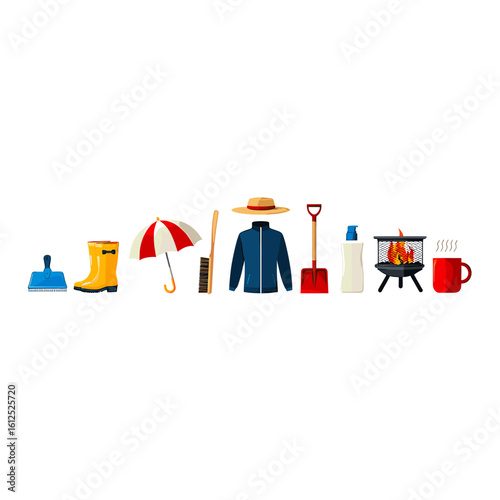 Autumnal essentials vector illustration featuring rain boot umbrella jacket and outdoor fireplace design set