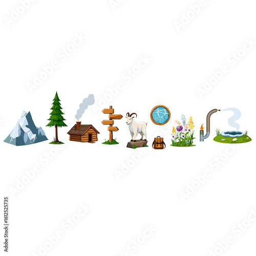 Illustration of mountain landscape elements including cabin tree goat and hot spring for graphic design