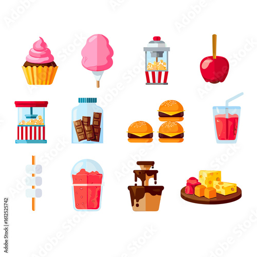Illustration of various sweet and savory treats including cupcake, burger, and chocolate fountain design