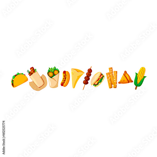 Delicious street food vector illustration featuring taco kebab wrap hotdog samosa sandwich corn and fries