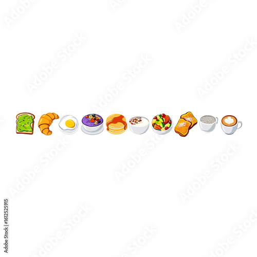 Delicious breakfast food items illustration including toast croissant egg pancakes and coffee vector art