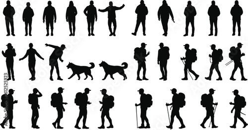Cad drawing flat vector illustration, silhouette of hikers and dog walkers, black and white outdoor scene, minimal adventure exploration designCad drawing flat 