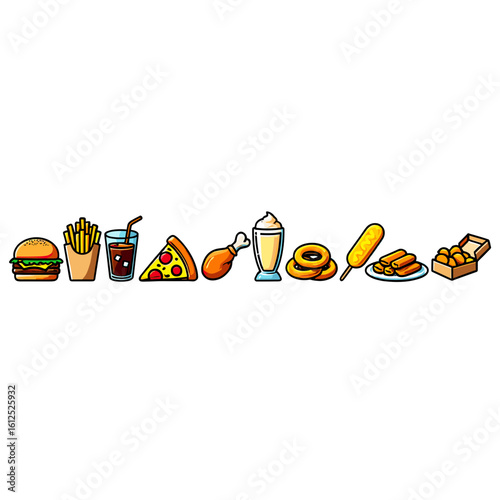 Delicious fast food items including burger fries pizza chicken milkshake and corn dog for lunch dinner snack