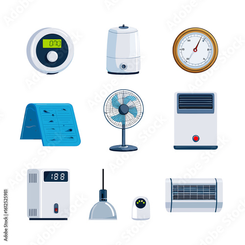 Explore home appliance vector icons including fan, humidifier, heater, thermostat and more for design use