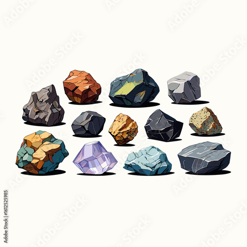 Collection of colorful rocks and minerals geological specimens for education and geology enthusiasts