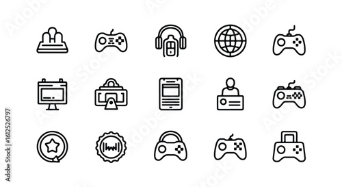 Line editable icon set of gaming and technology icons, including game controllers, headsets, and monitors line icon set