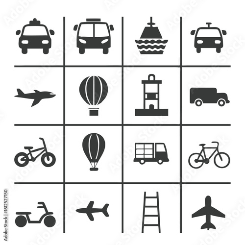 Transportation Icons Array Displaying a Variety of Transport Modes Including Land, Air and Water Travel, with Geometric Consistency