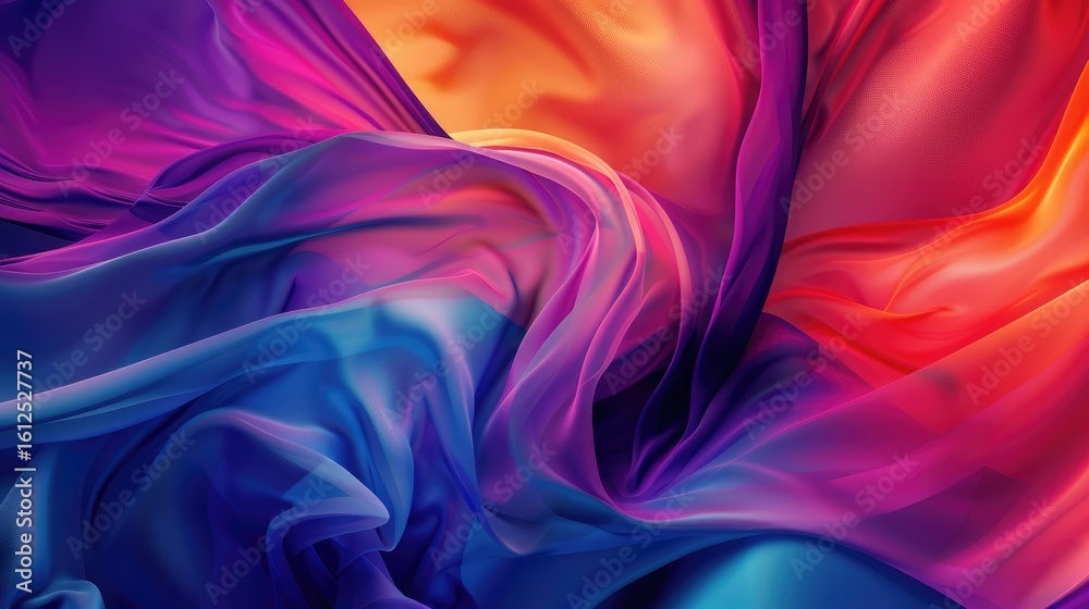 Fototapeta premium Abstract swirling fabric in vibrant hues of blue, purple, orange, and pink, exhibiting a luminous, translucent quality with deep color saturation and dynamic folds
