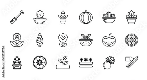 Line editable icon set of flat design icons representing various gardening elements and plants line icon set