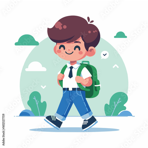 Happy School Boy Walking to School – Cartoon Style