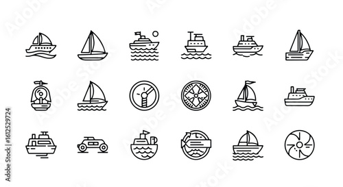 Line editable icon set of nautical icons featuring various boats, ships, and maritime symbols line icon set