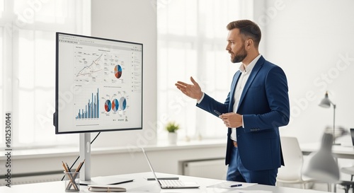A businessman confidently presents financial data on a large monitor during a presentation in a modern .