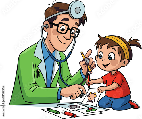 Friendly pediatrician examining a cheerful young girl during a playful checkup.