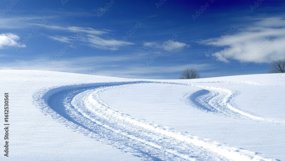 Obraz premium Curving tracks cut through a snowy field under a bright blue sky with scattered clouds, distant trees on the horizon