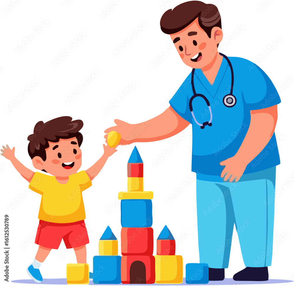 A doctor plays with a child using building blocks, fostering a positive interaction. A doctor plays with a child using building blocks, fostering a positive interaction.