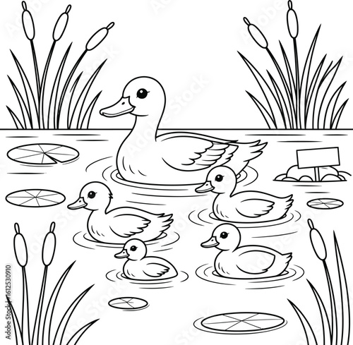 Mother duck and ducklings swimming in a pond with reeds and lily pads