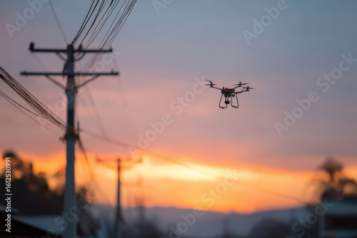 drone inspects integrity of power lines after hurricane silhouetted against stunning sunset