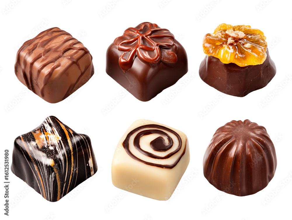 Obraz premium Six Gourmet Chocolate Candies: Brown, White, and Dark Chocolate Squares and Domes, PNG