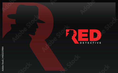 Word mark logo icon formed negative space of detective in letter r with red color