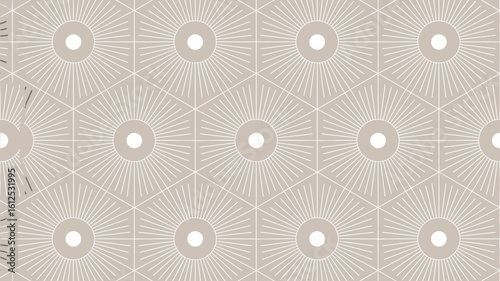 Repeating hexagon pattern with central circles and radiating lines on a beige background surface art