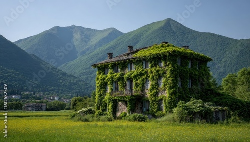 Wallpaper Mural Verdant Embrace A stone house is completely covered in lush green ivy, nestled within a vibrant meadow under a clear sky, with rolling mountains rising in the background Torontodigital.ca