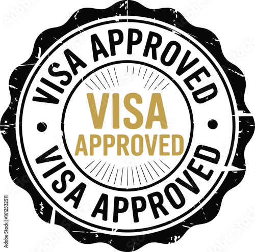 Circular stamp with the words visa approved in black and gold