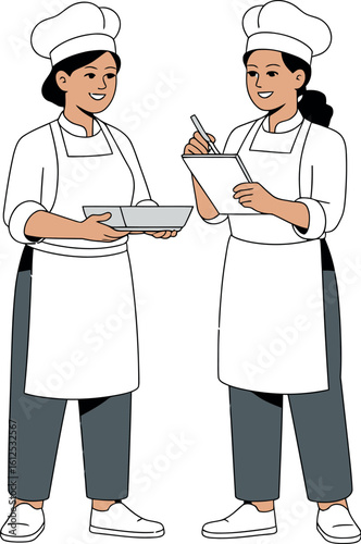 Two chefs in uniform standing side by side one holding a tray and the other writing on a notepad