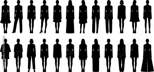 Silhouette fashion show of women wearing various clothing styles against a light gray background display