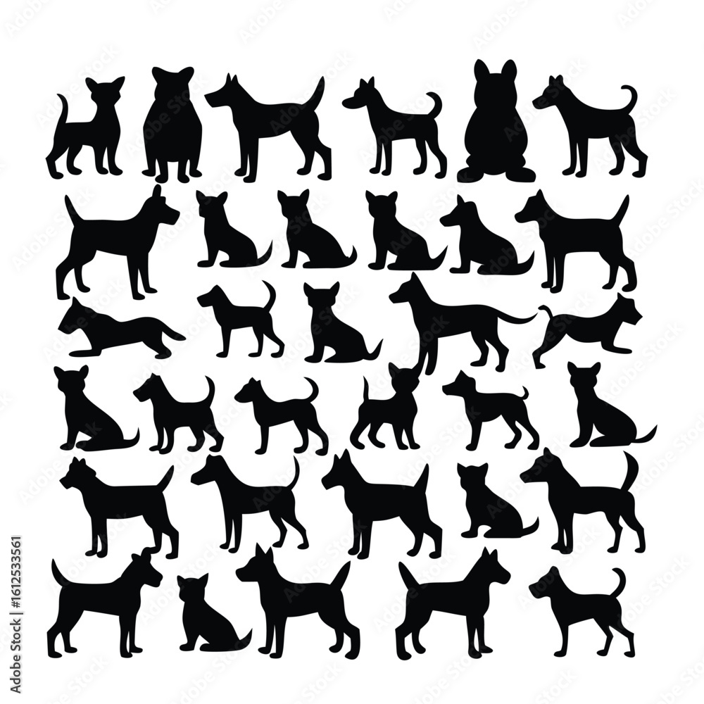 Fototapeta premium Diverse Collection of Canine Silhouettes Presenting Various Dog Breeds and Poses Against a Clean White Background Showcasing Breed Diversity