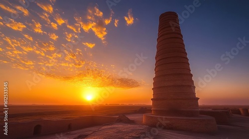 Sunset over ancient brick minaret, desert landscape, Central Asia, travel