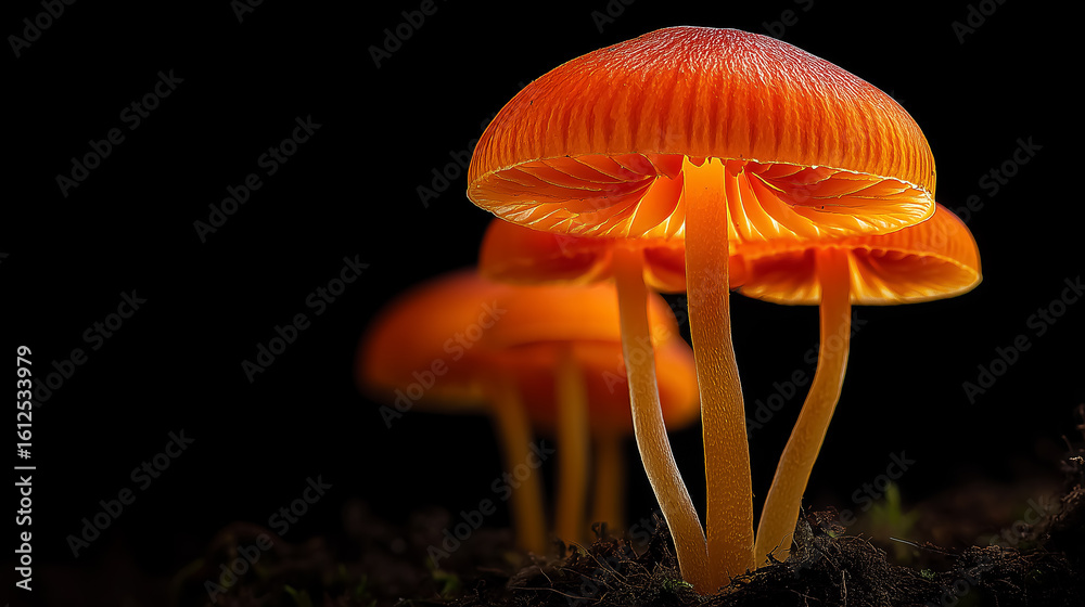 Fototapeta premium Glowing orange mushrooms growing in dark forest floor