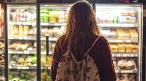 Woman choosing snacks, convenience store, night, illuminated shelves, healthy options