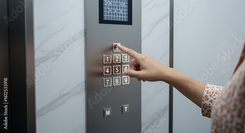 A woman's hand presses a button on a modern elevator keypad, accessing a floor in a sleek building.