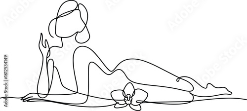 Elegant single line drawing of a woman reclining with her baby