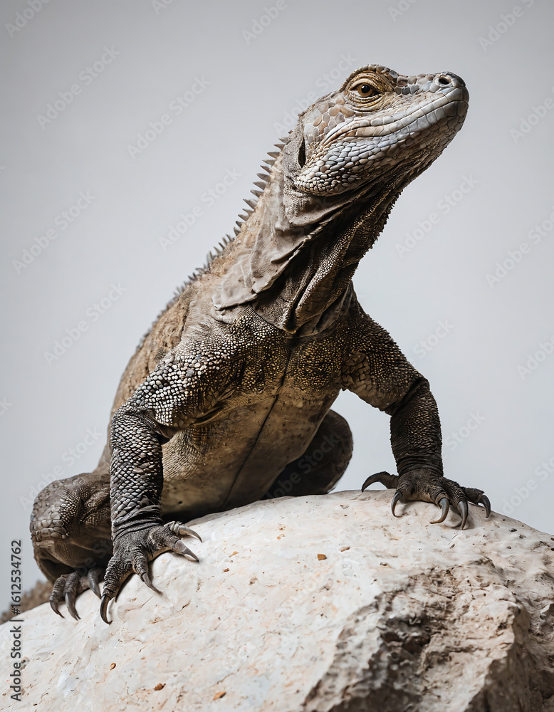 Fototapeta premium Striking Portrait of a Majestic Rock Iguana on Stone, Captured in an Alert Stance