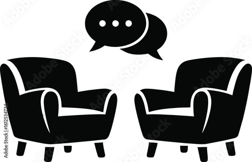 Two chairs facing each other with speech bubbles above symbolizing conversation