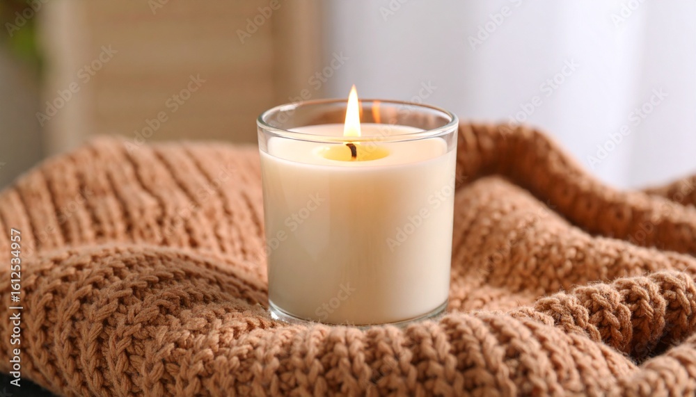 Cozy Fragrant Candle Burning on a Knitted Blanket for Relaxing Ambiance Cozy Fragrant Candle Burning on a Knitted Blanket for Relaxing Ambiance