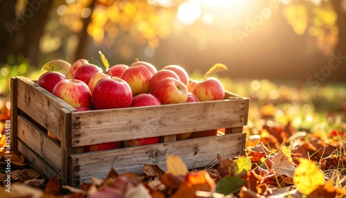 Golden Autumn Sunlight Illuminates Wooden Crate Filled With Fresh Red Apples Surrounded By Fallen Leaves