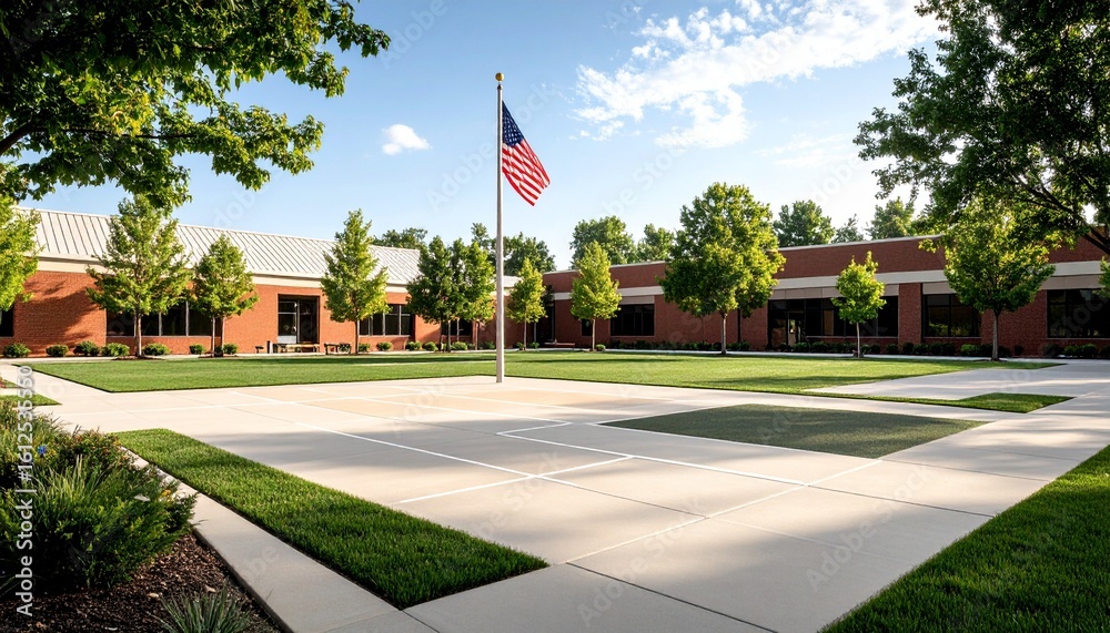 Fototapeta premium A well-maintained school building with an American flag waving in the breeze, surrounded by trees.